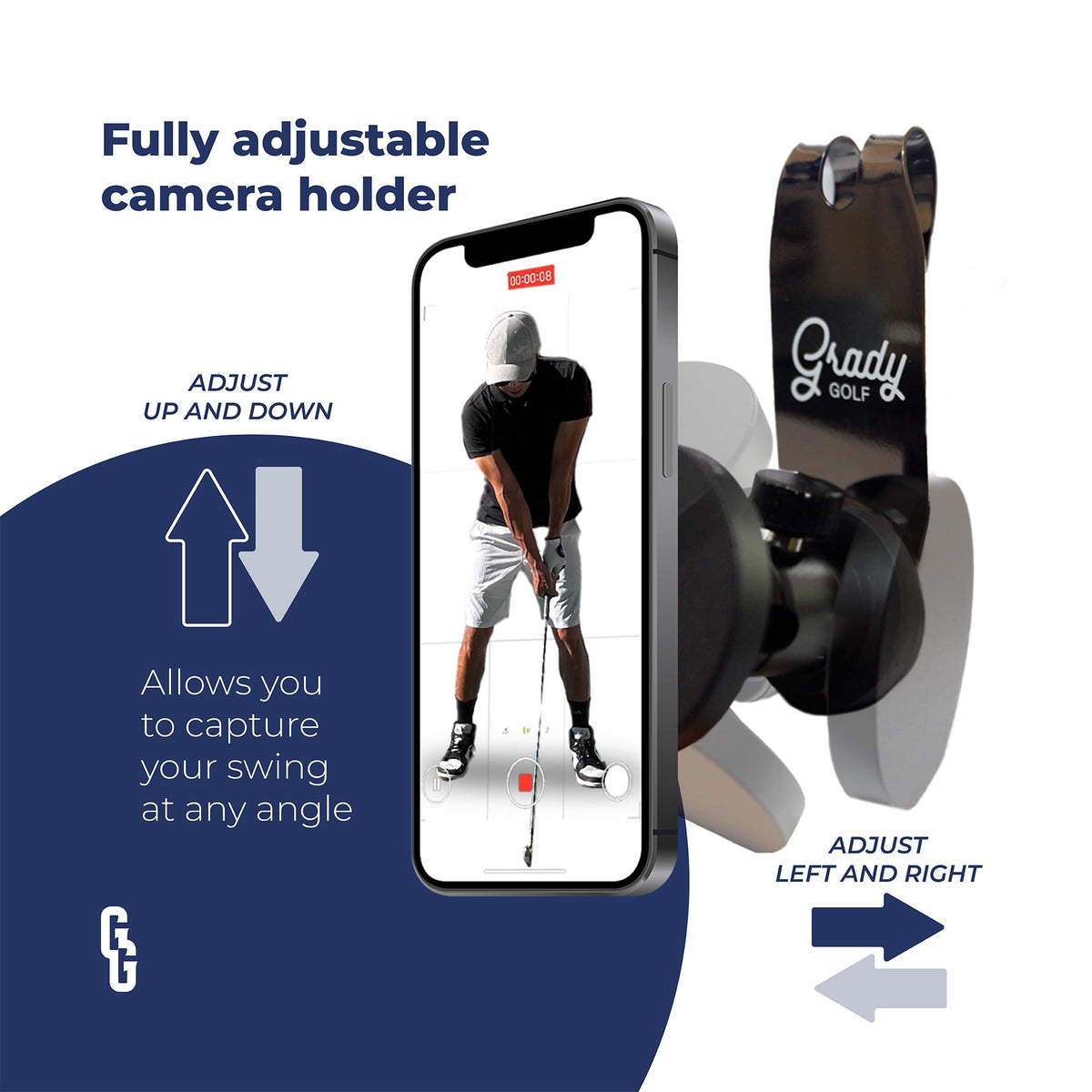 Grady Golf swing camera mount adjusts fully for precise front-camera swing analysis