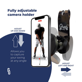 Grady Golf swing camera mount adjusts fully for precise front-camera swing analysis