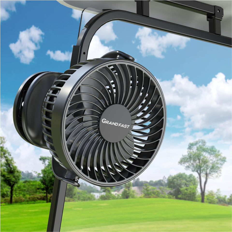GRANDFAST golf cart clip on fan attached securely to a pole for steady cooling on the course