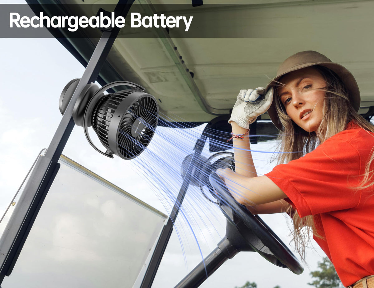 GRANDFAST golf cart fan with 360 pivot directs airflow to any seat on the cart