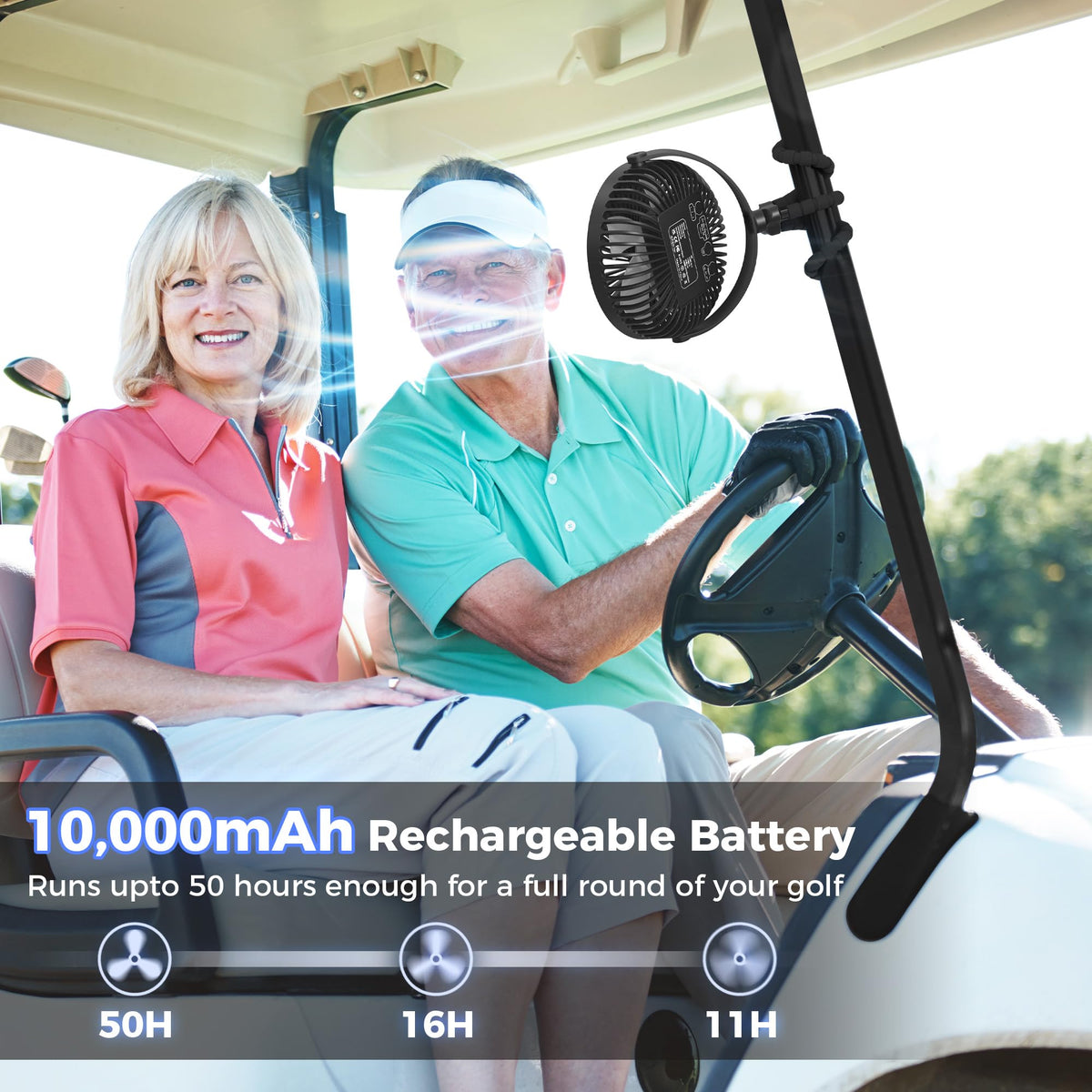 GRANDFAST golf cart fan mounted on sturdy tripod for stable cooling on bumpy courses