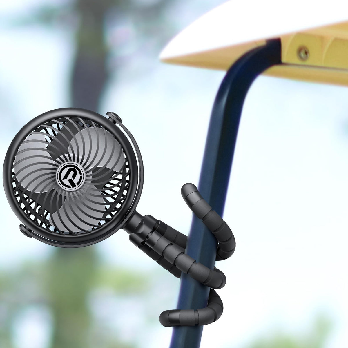 GRANDFAST rechargeable golf cart fan clipped securely for EZGO, with quick charge and all-day breeze.