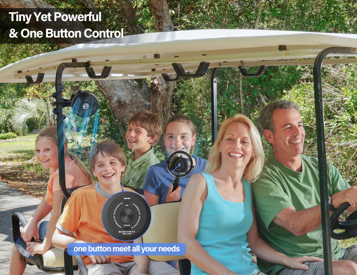 GRANDFAST three-speed battery-operated fan adapts to breeze needs on the green.