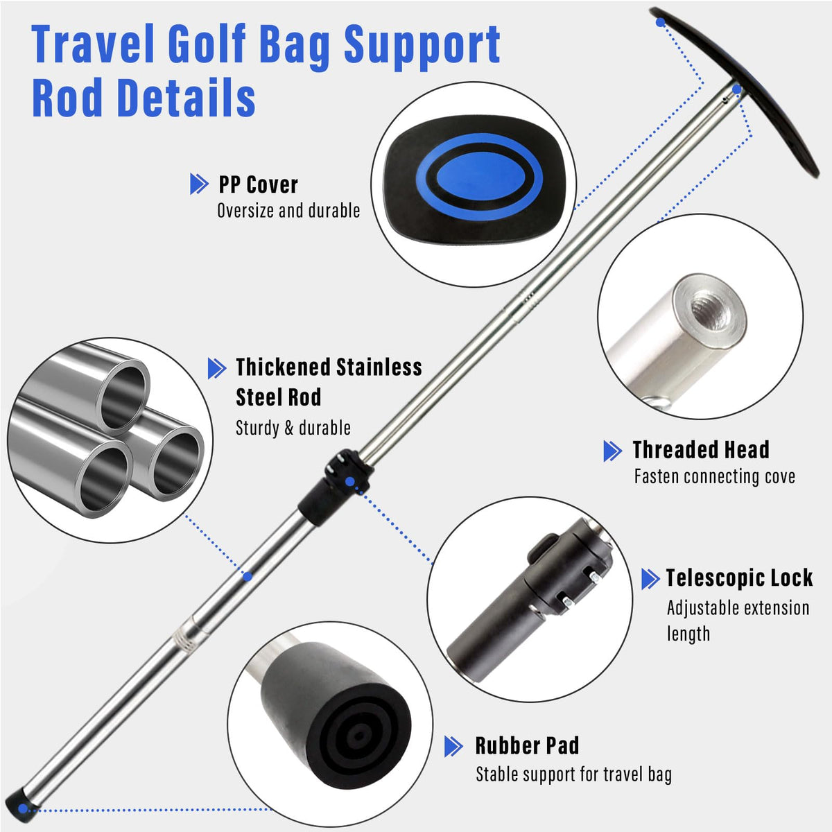Greeily blue cover shields clubs from impacts during transit.