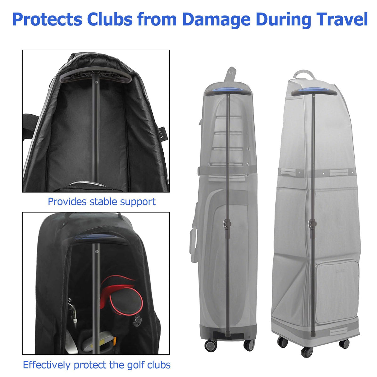 Greeily robust travel accessory protects clubs from impact on planes and buses.