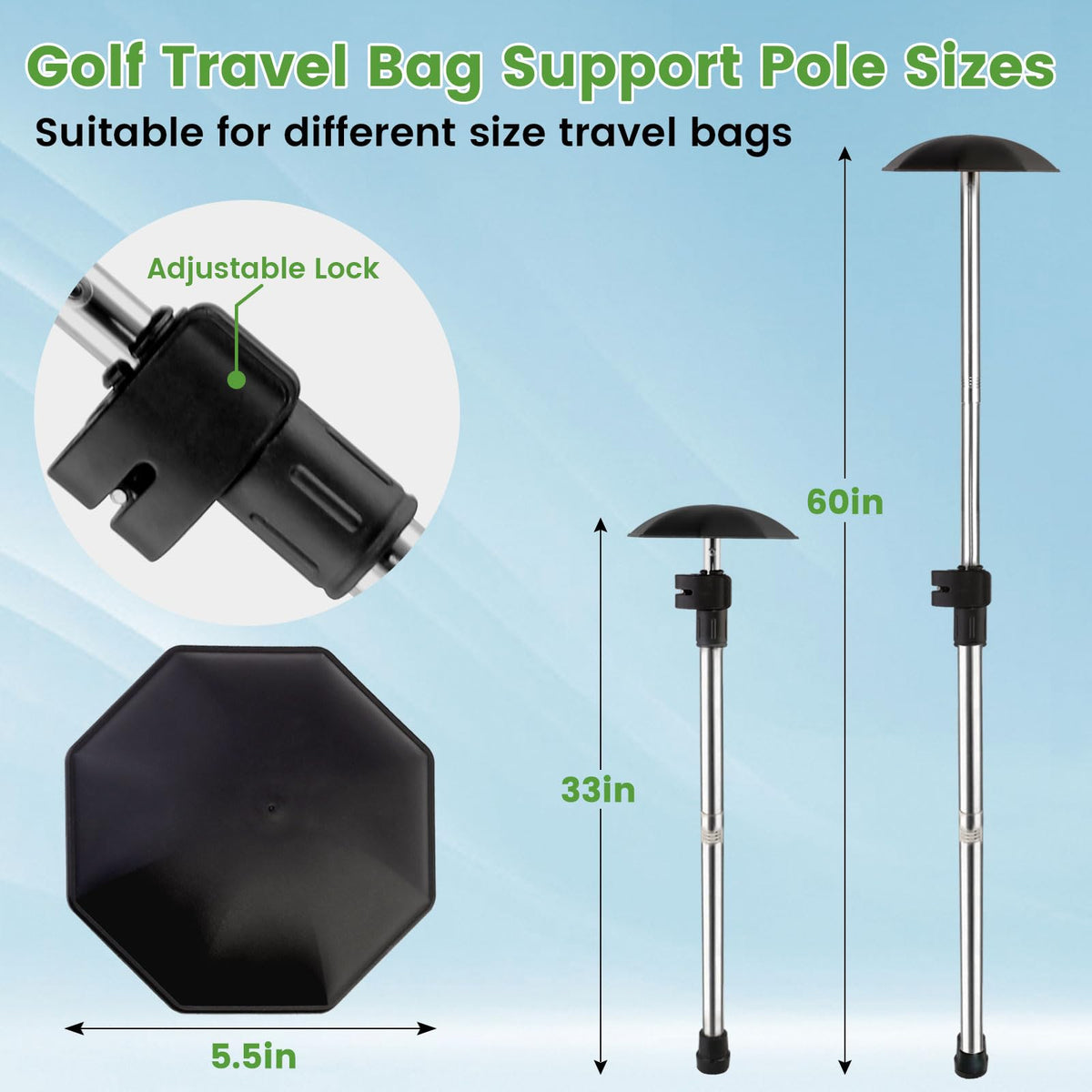 Greeily golf travel pole adjustable clip lock for a snug fit.