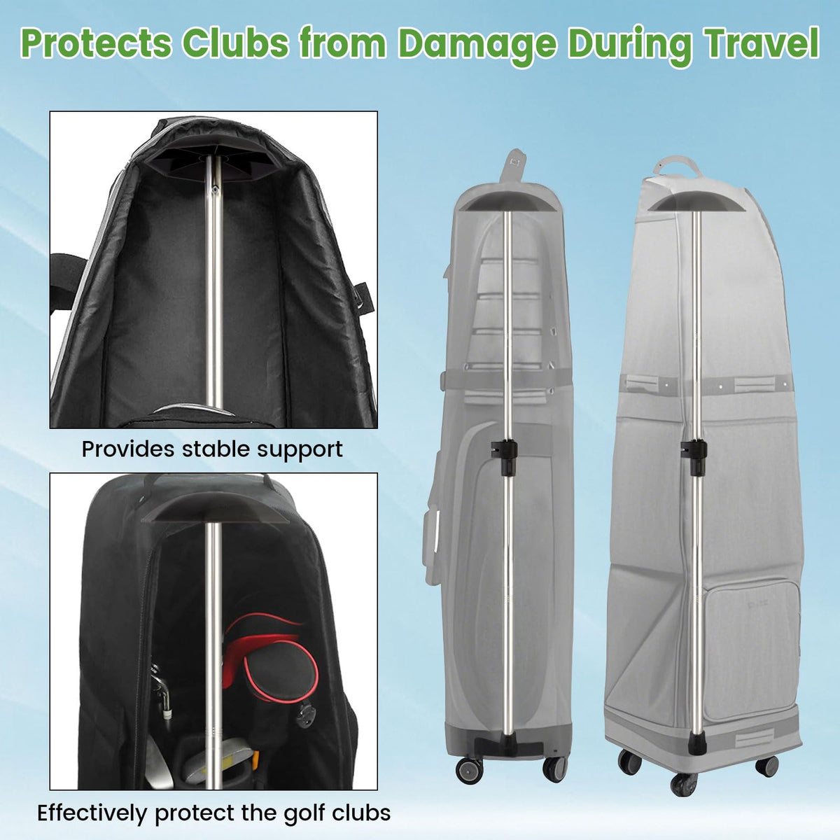 Greeily golf travel pole stands upright for easy bag loading.