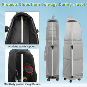 Greeily golf travel pole stands upright for easy bag loading.