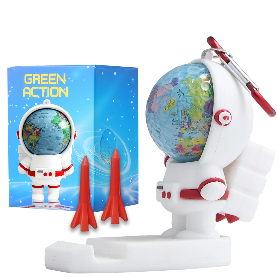 Green Action Astronaut golf tee holder showing built-in ball and tees for quick access.