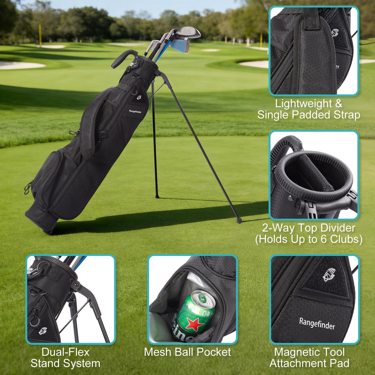 Green Action Sunday Golf Bag adjustable strap offers flexible carrying options.