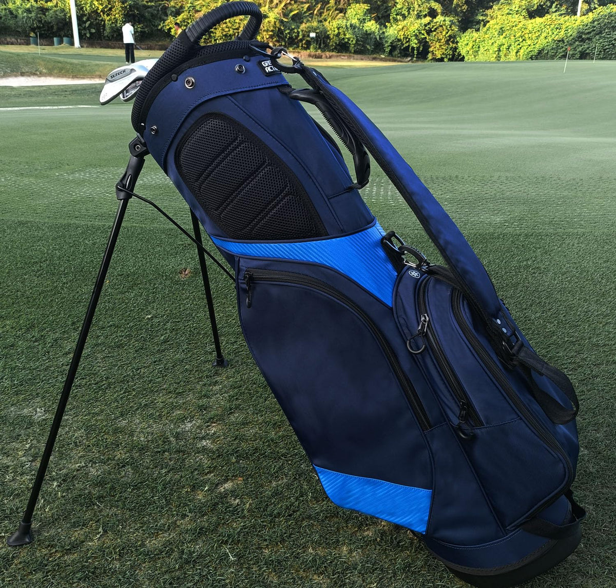GREEN ACTION Sunday golf bag cooler pocket and glove Velcro for quick access.