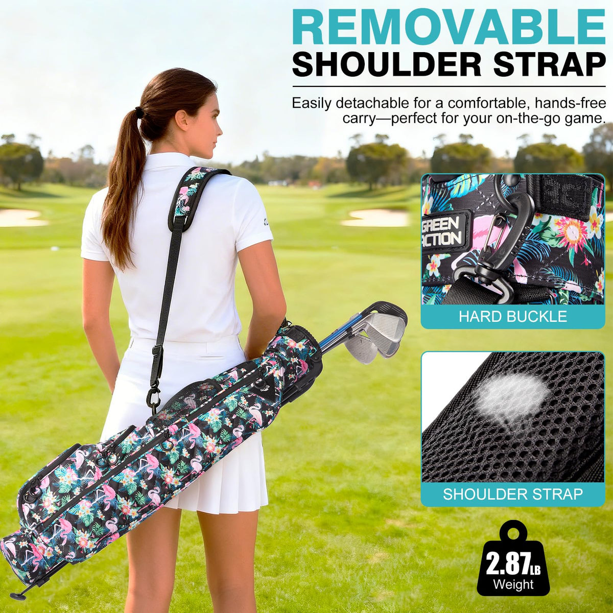 Green Action Sunday Golf Bag lightweight carry at only 2.87 pounds.