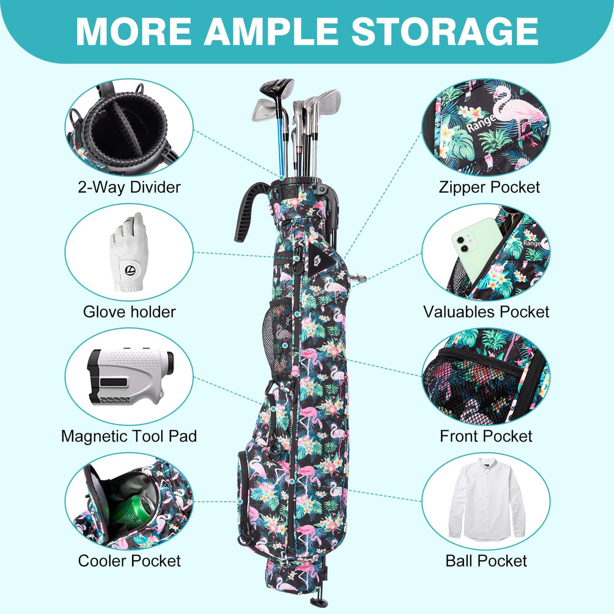Green Action Sunday Golf Bag multiple pockets for essentials.