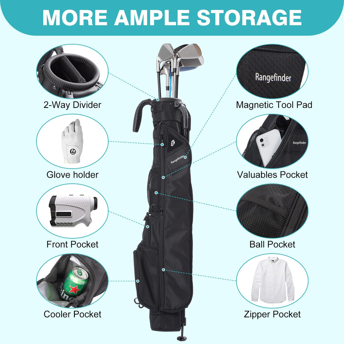Green Action Sunday Golf Bag two-way divider keeps clubs organized.