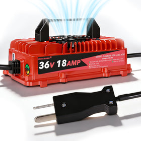 Green Orange 36V charger with crowfoot plug supports EZGO carts for quick charging.