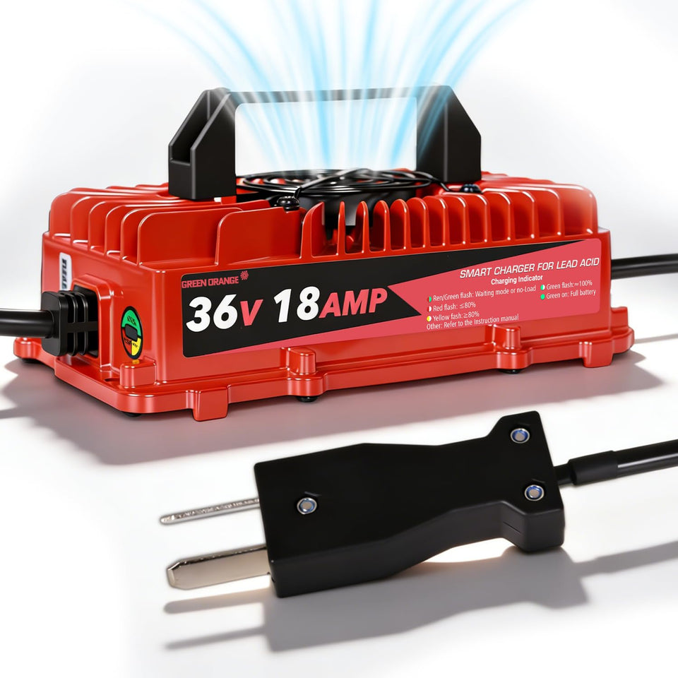 Green Orange 36V charger with crowfoot plug supports EZGO carts for quick charging.