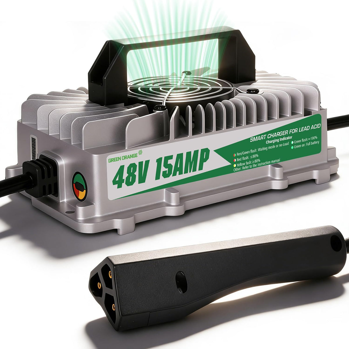 Green Orange Club Car Charger with rugged aluminum housing for 48V lead-acid batteries