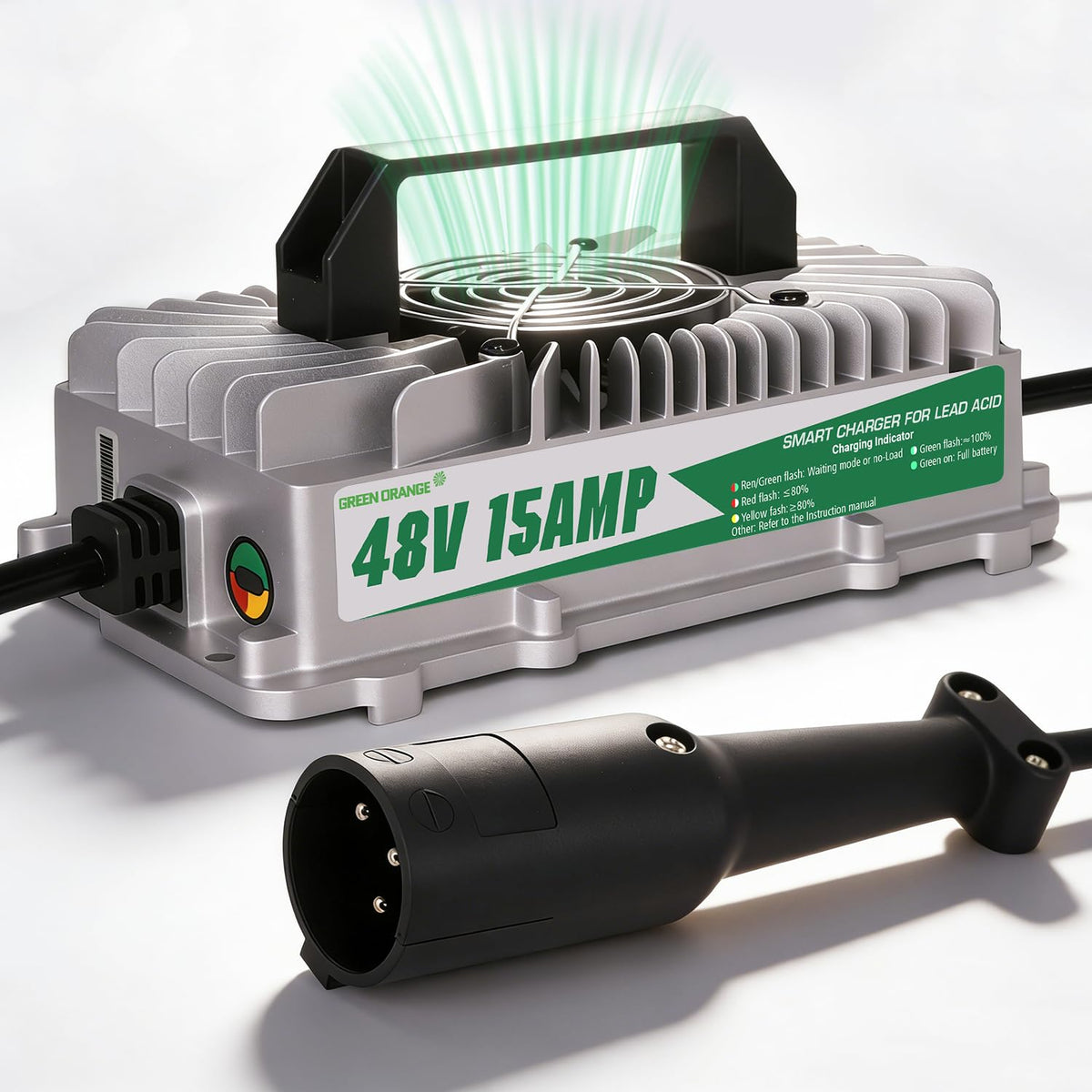 Green Orange EZGO 48V charger front view for RXV and TXT charging.