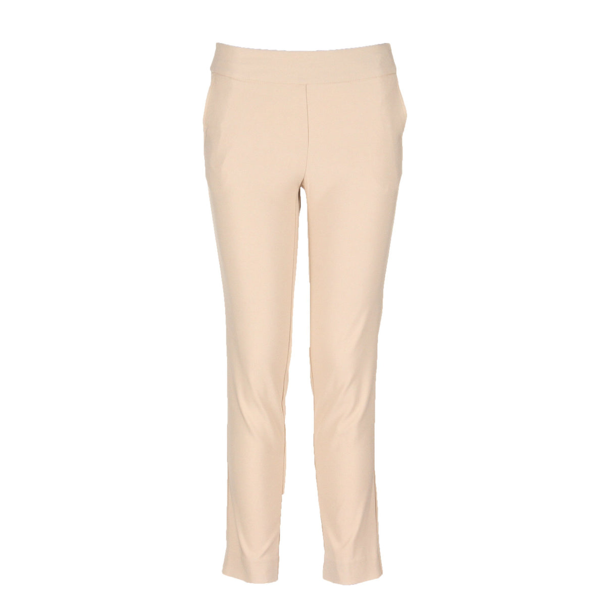 Greg Norman Collection women's slimming pant in stone, front view, offering a flattering fit and moisture-wicking fabric