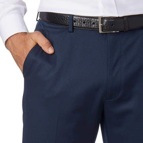 Greg Norman Men's Ultimate Classic Travel Pant blue waistband closeup highlights secure, comfortable fit.