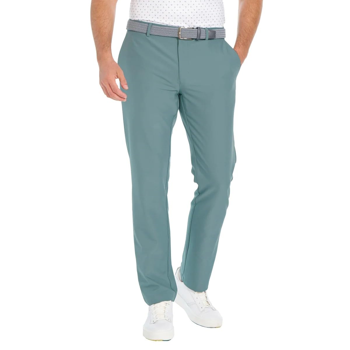 Greg Norman ML75 chino pant front view in green for versatile daily wear.