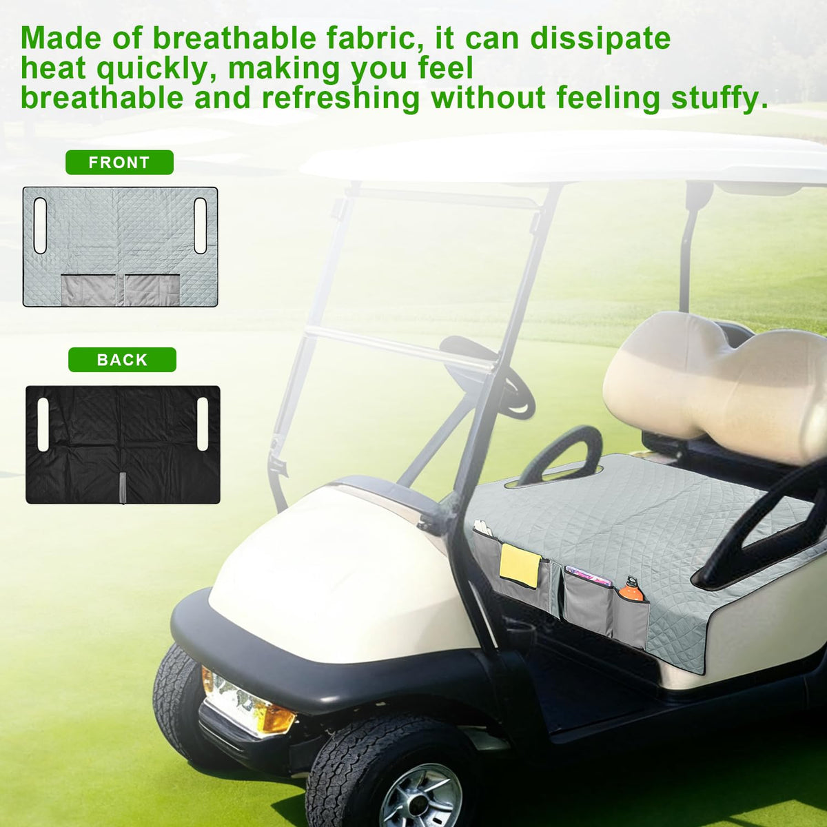 Grekos easy-install seat cover fits most two-seater carts.