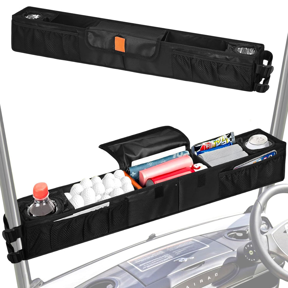 Grekos front basket installed on golf cart keeps essentials organized during rounds