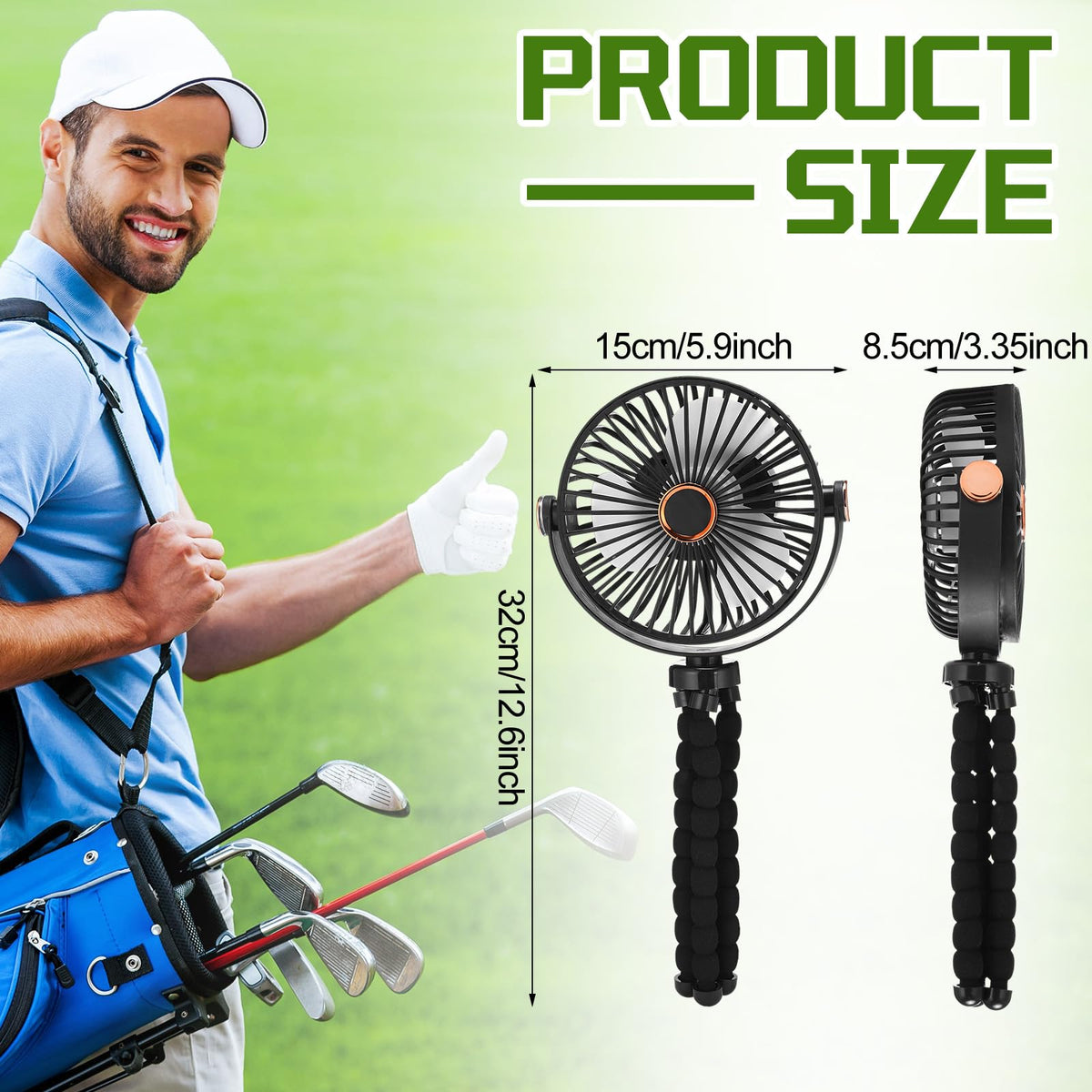 Grinsvalley 6-inch portable fan with rechargeable battery for outdoor comfort.