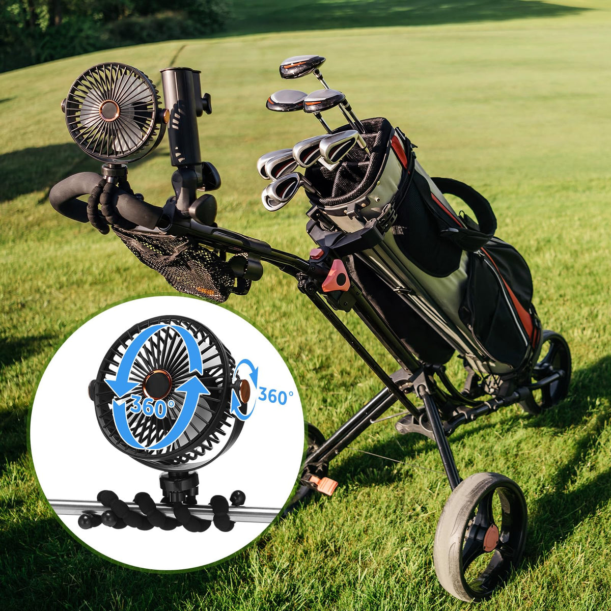 Grinsvalley battery-powered fan suited for golf carts and outdoor tasks.