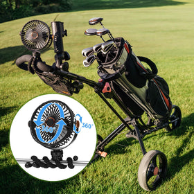 Grinsvalley battery-powered fan suited for golf carts and outdoor tasks.