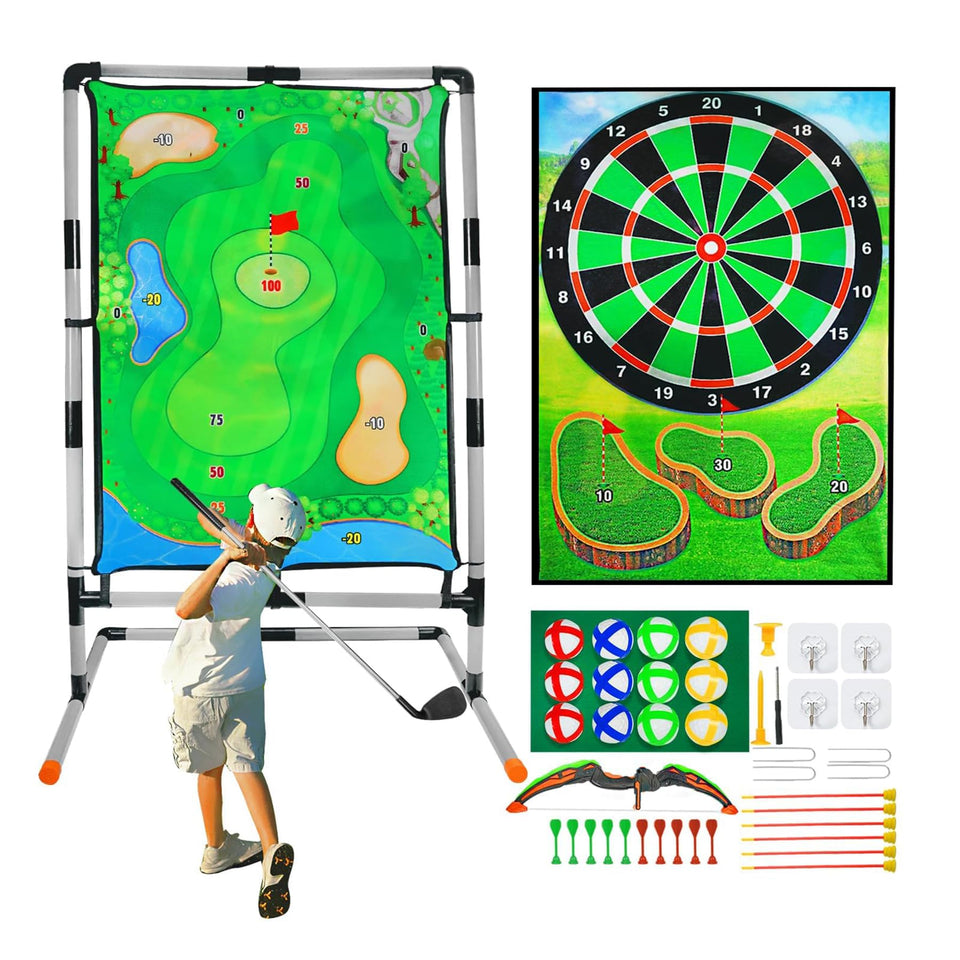 grnpeak golf chipping stand in action for backyard practice and family fun
