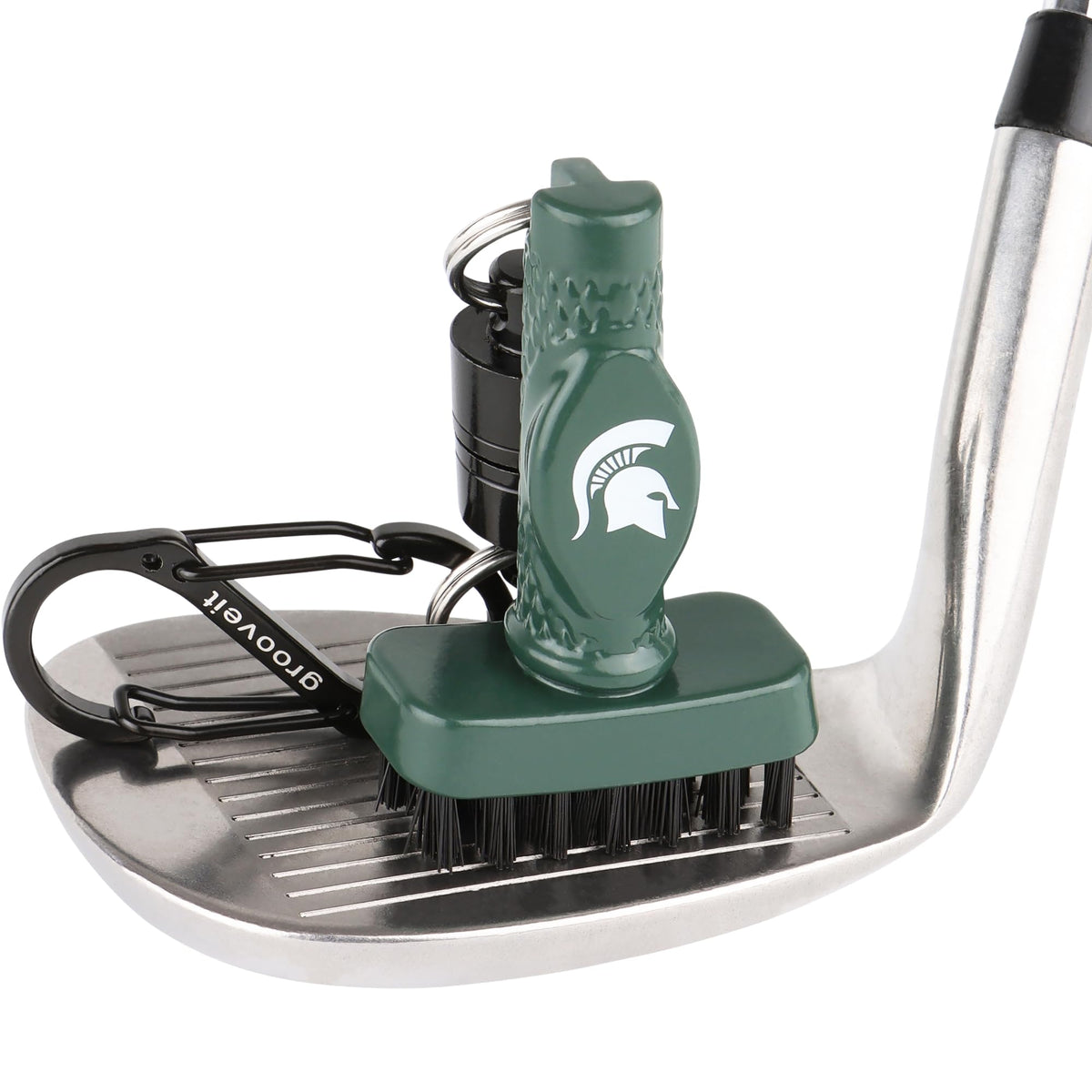 Grooveit miniG brush in Michigan State colors cleaning a club head for cleaner shots