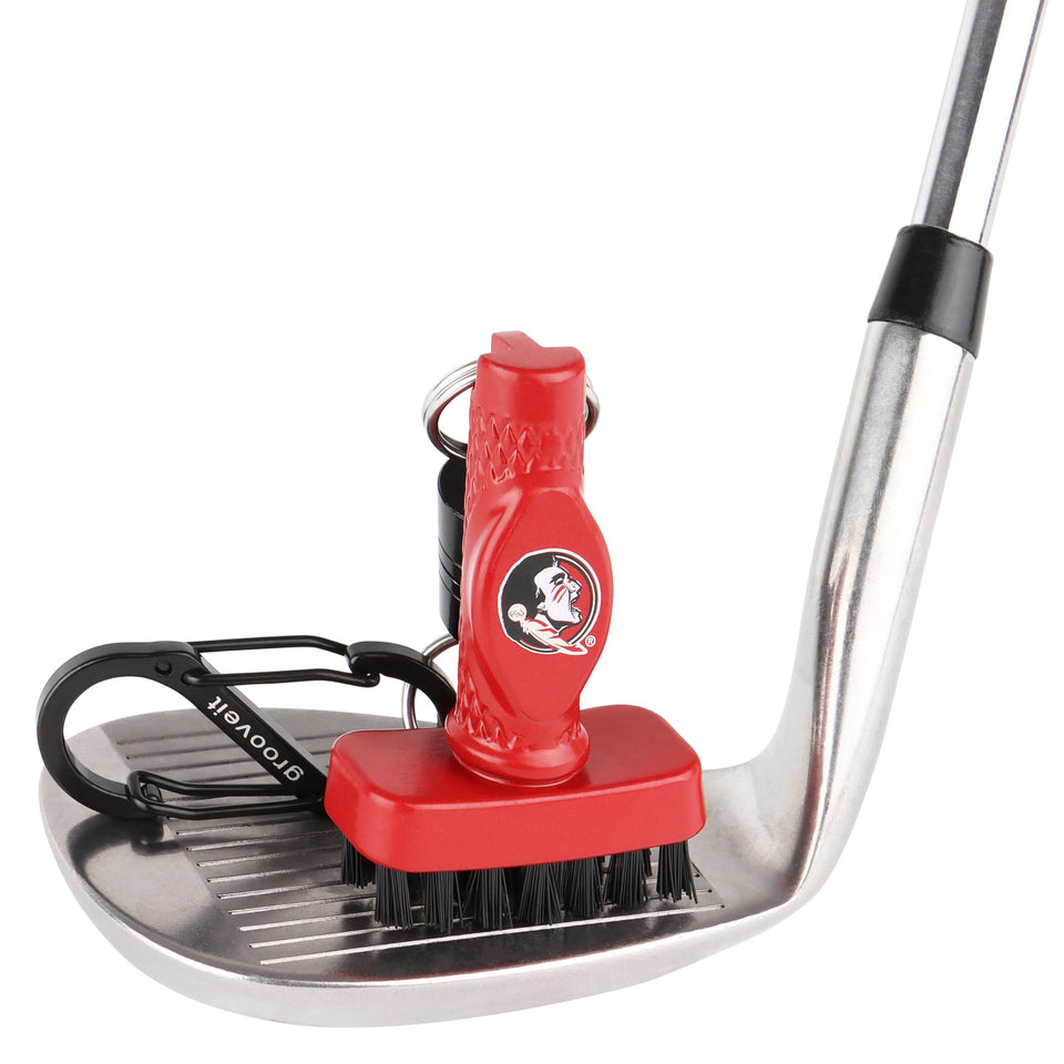 Grooveit MiniG brush in A-380 aluminum showcases NCAA Florida State colors for club cleaning.