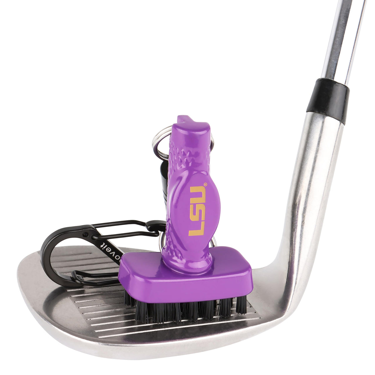 Grooveit MiniG golf club cleaning brush LSU colors, quick on-course clubhead cleaning