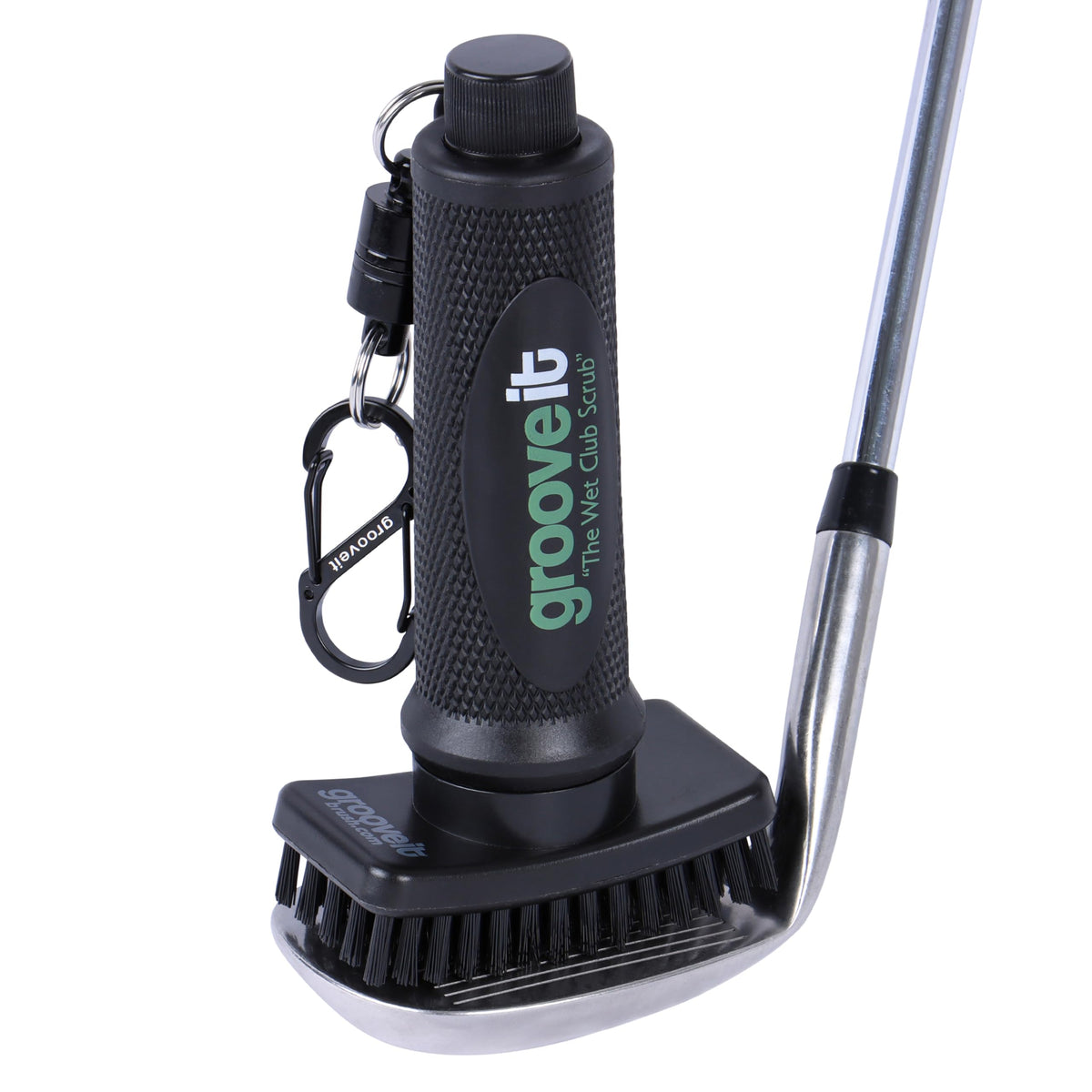 Grooveit Wet Club Scrub with nylon-bristle head for quick, thorough golf club cleaning