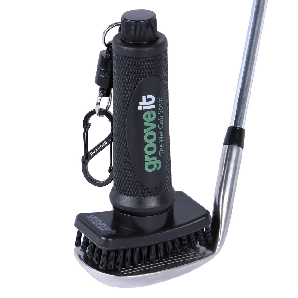 Grooveit Wet Club Scrub with nylon-bristle head for quick, thorough golf club cleaning