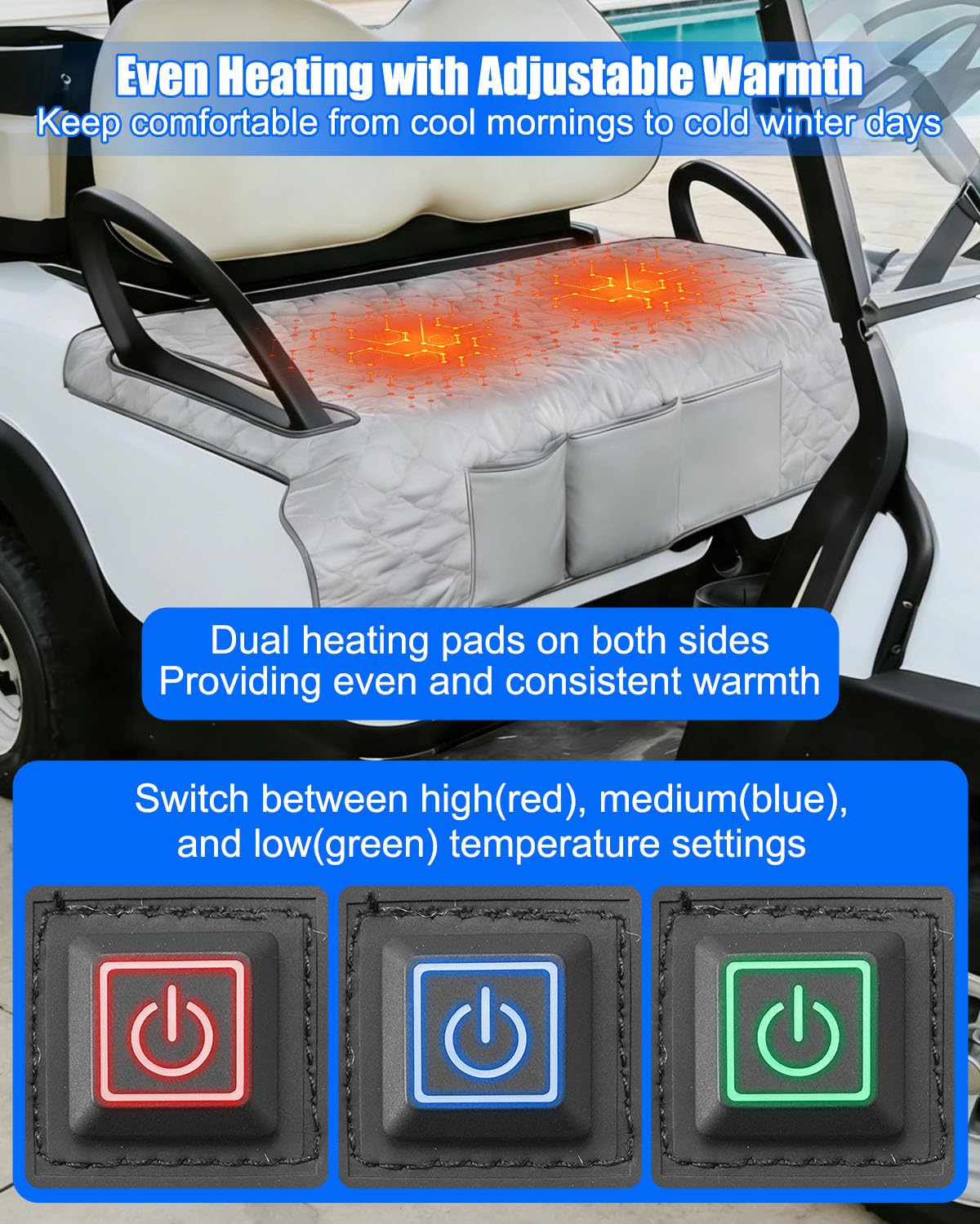 GRSVDF seat cover showing temperature settings for high, medium, and low comfort.