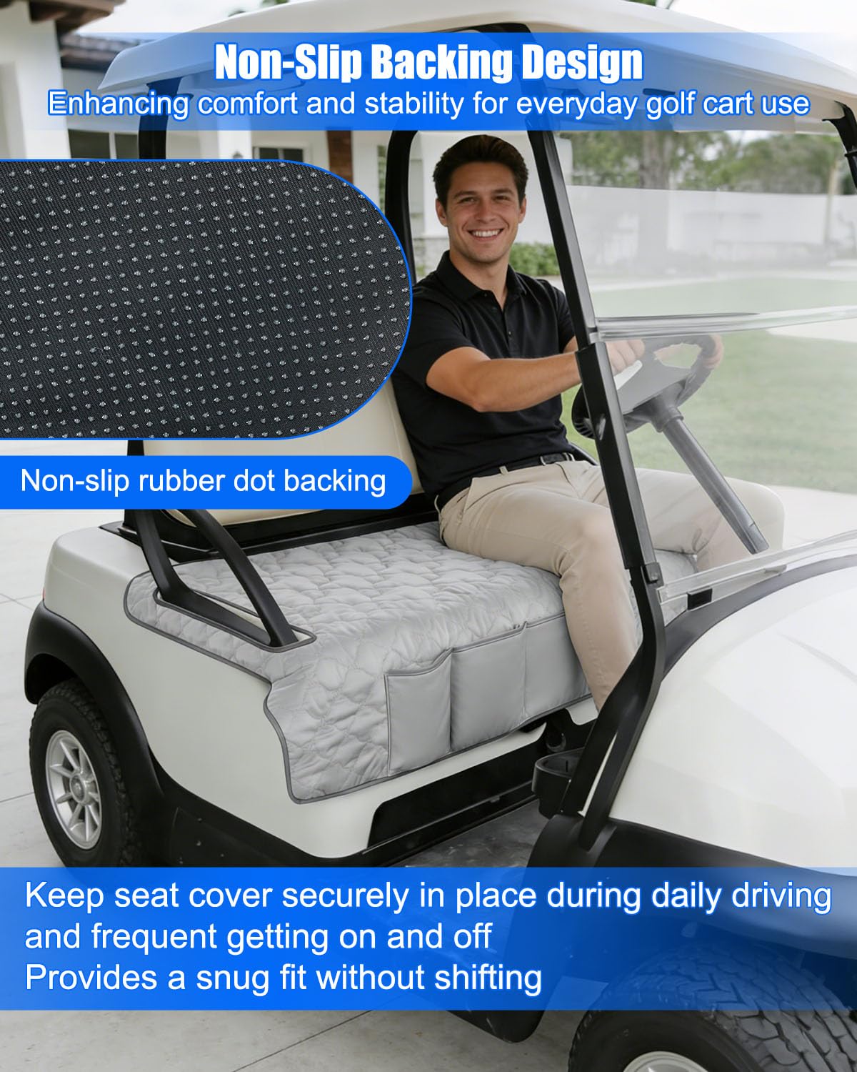 GRSVDF seat cover compatible with EZGO, Yamaha, and Club Car golf carts.