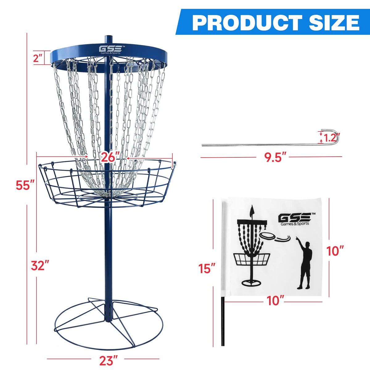GSE basket dimensions 26x26 inches, 55 inches tall, PDGA-standard height