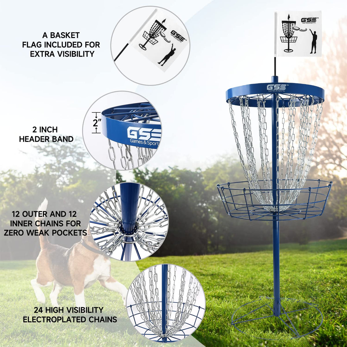 Twenty-four heavy-duty chains and sturdy base improve catching and stability