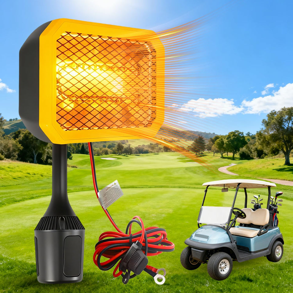 GSQQTE golf cart heater setup shows universal fit for Club Car, Yamaha, and EZGO.