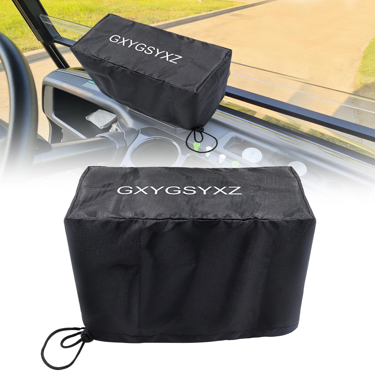 GXYGSYXZ waterproof touchscreen case for golf carts with drawstring protects screens in wet weather.