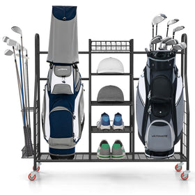 GYMAX golf bag organizer front view showing wide shelves for shoes and bags for easy garage storage.