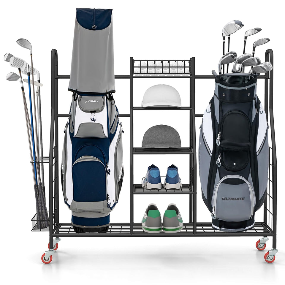 GYMAX golf bag organizer front view showing wide shelves for shoes and bags for easy garage storage.