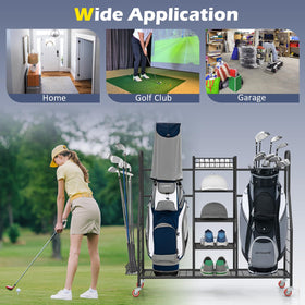 GYMAX golf bag organizer shelves capturing shoes and caps neatly for quick access.