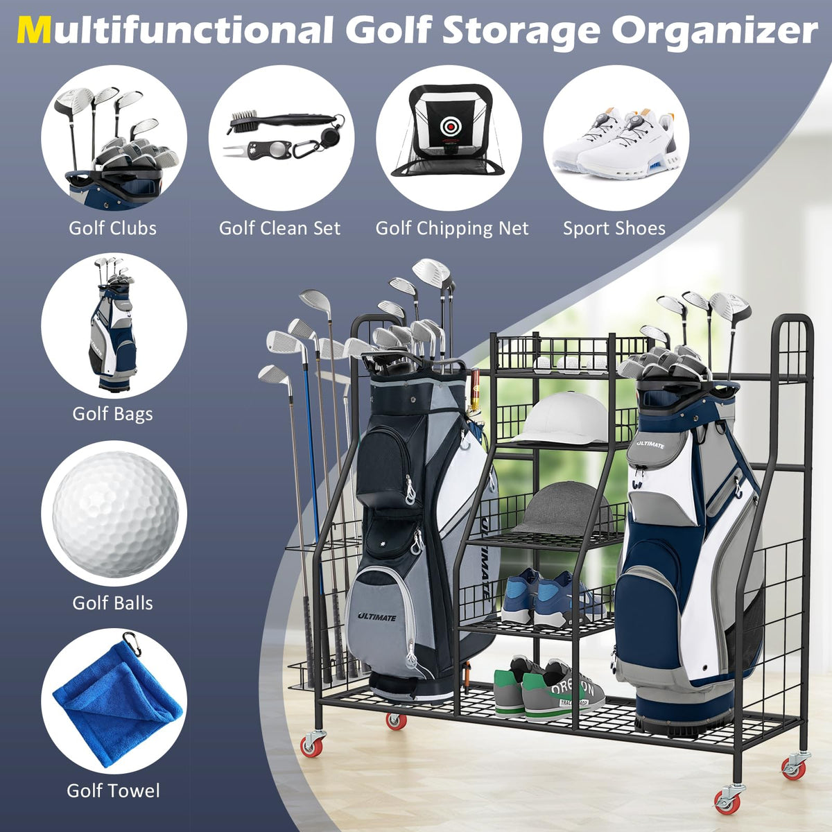 GYMAX golf bag organizer side view highlights compact profile with spacious bag storage.