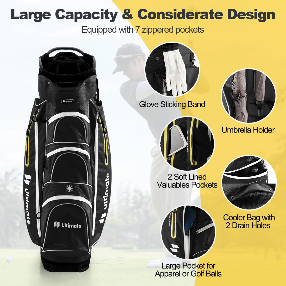 GYMAX golf cart bag cooler pocket keeps drinks cool during a round.