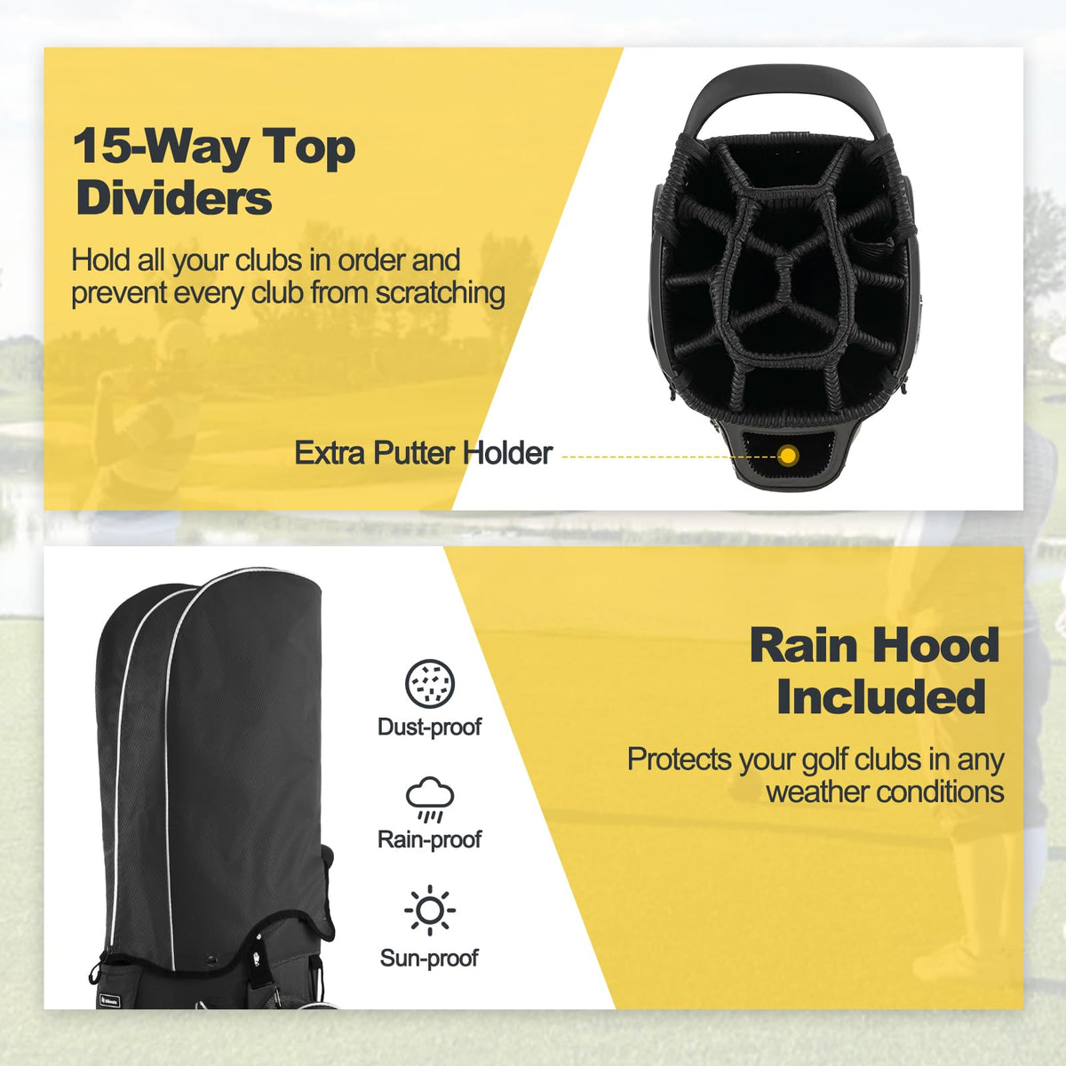 GYMAX golf cart bag side pockets with waterproof zippers for valuables on rainy days.