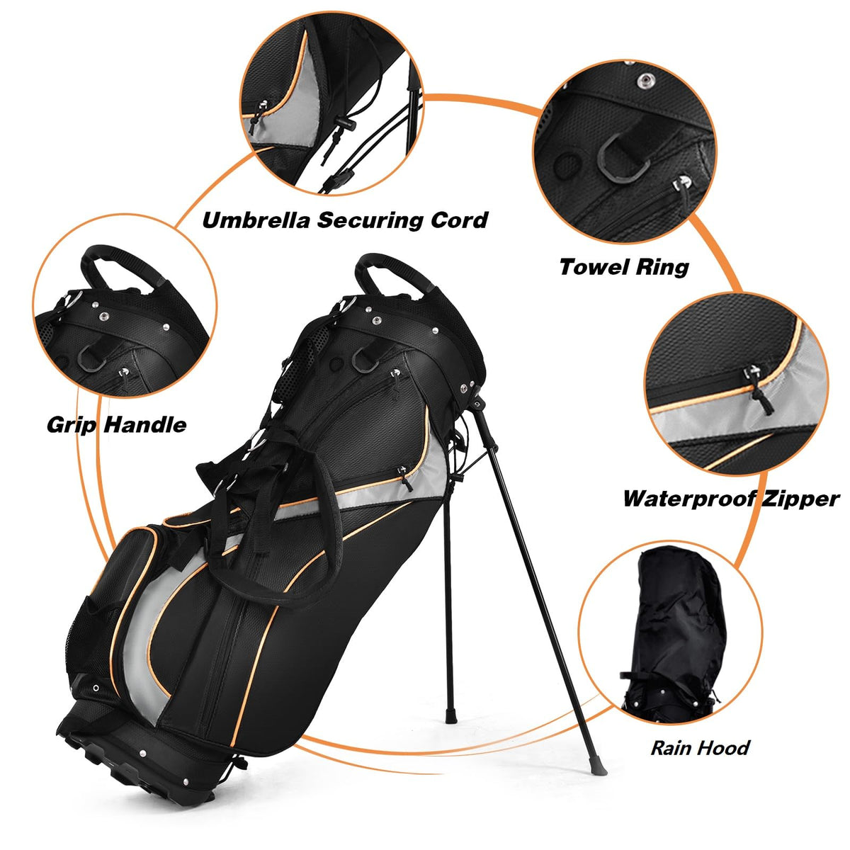 GYMAX Golf Stand Bag waterproof pocket safely stores valuables during rainy rounds.