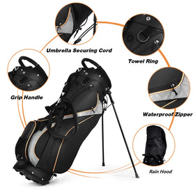 GYMAX Golf Stand Bag waterproof pocket safely stores valuables during rainy rounds.